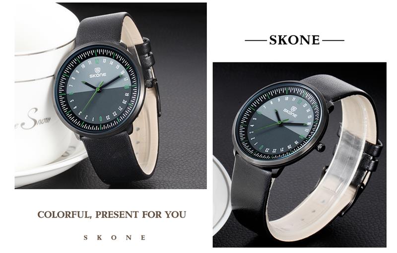 SKONE 3828 Fashion Quartz Men Watch Casual Leather Strap Business Wrist Watch