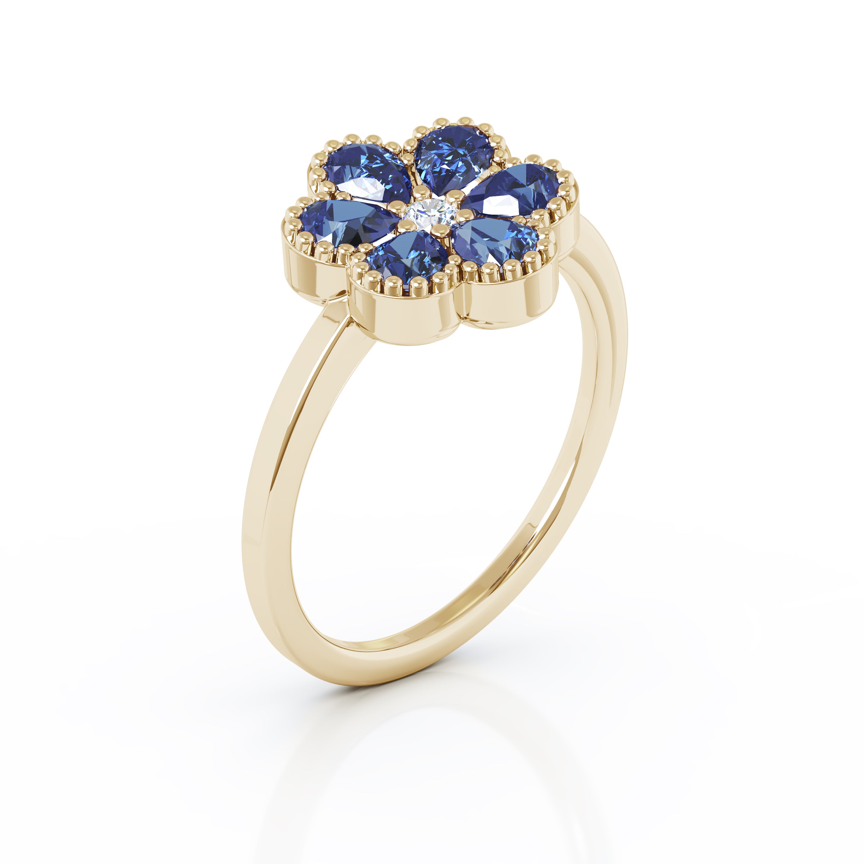 14K Gold Blue Sapphire & Diamond Cluster Flower Ring