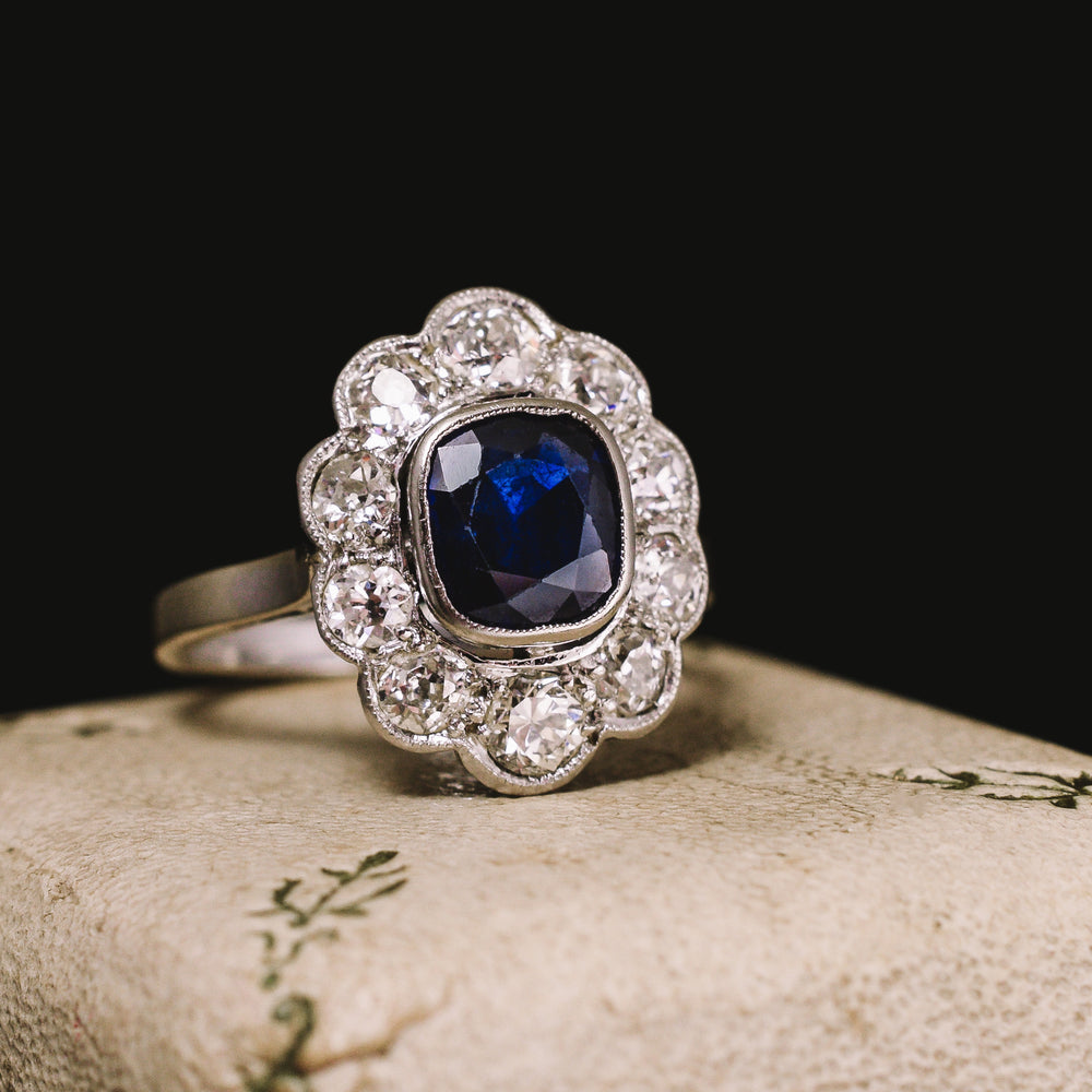 Edwardian Sapphire & Diamond Flower Engagement Ring – Butter Lane Antiques