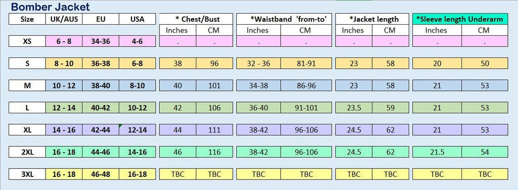 Bomber Jacket - Garment measurement chart - State of Disarray