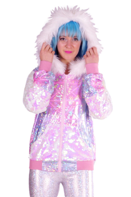 pink faux fur hooded sequin jacket