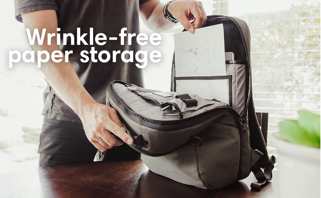 solgaard endeavor workzone compartment with interior organization, wrinkle free paper storage, and drop proof laptop storage