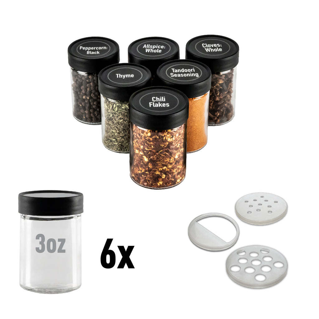 Set of 8 - 6.4 oz Glass Spice Jars with Shaker Fitment and Black