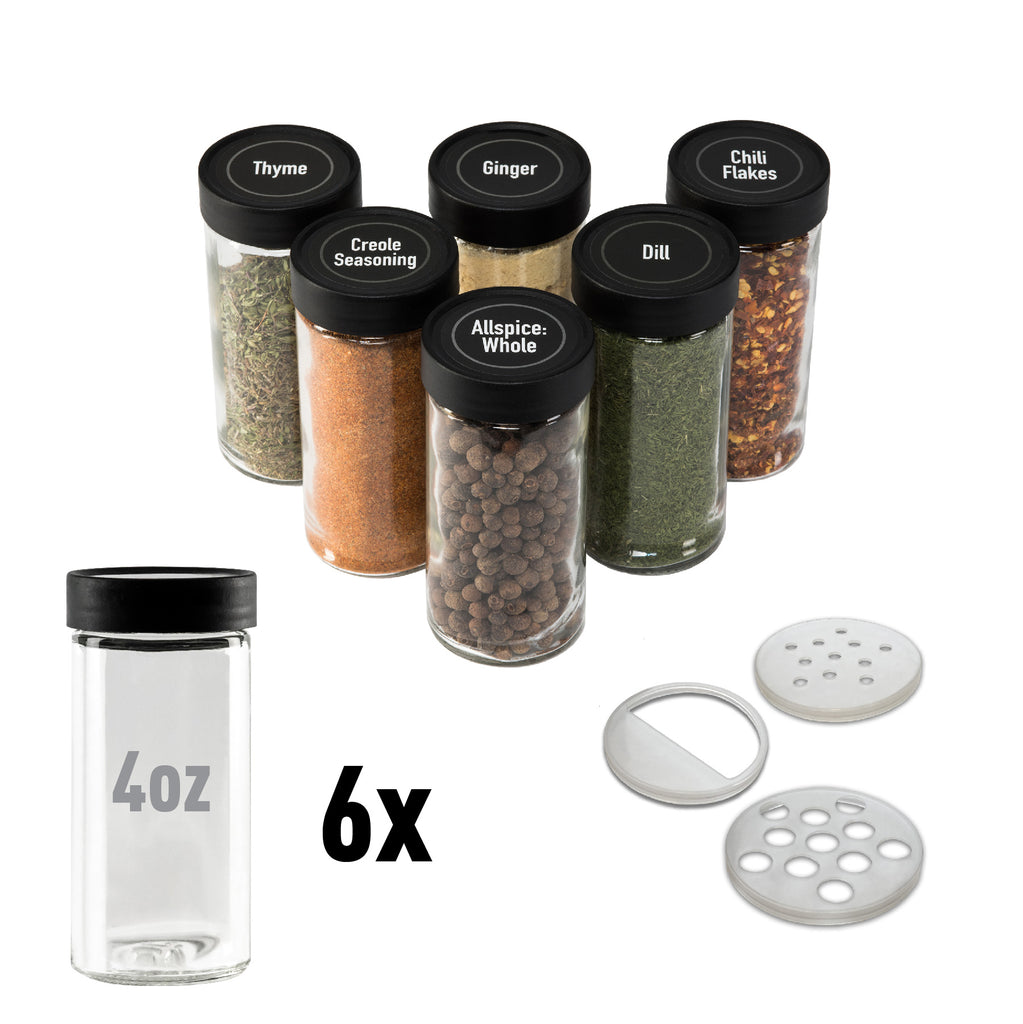 JARXSUN 24 Glass Spice Jars with Label-4oz Spice Containers  with Black Lids and Shaker Lids,3 Sets of Spice Labels 1 Collapsible Funnel  2 Erasable Markers (24, Black): Condiment Pots