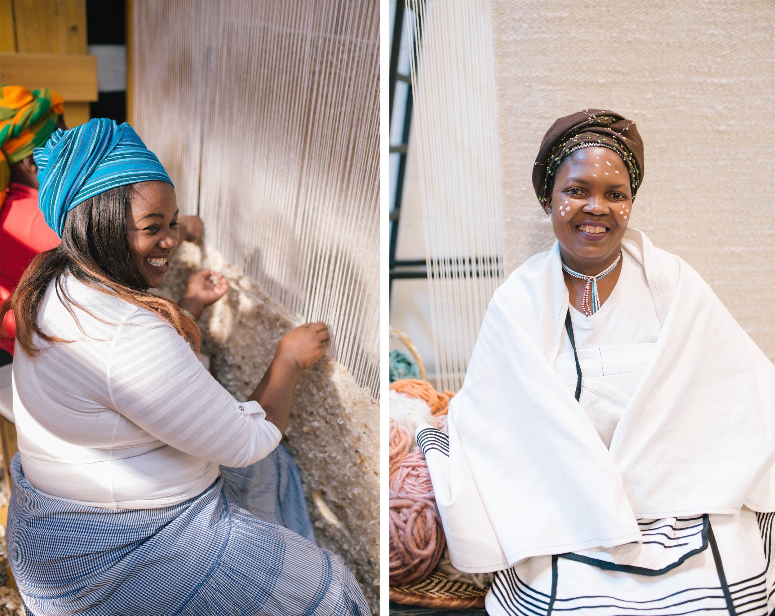 A weaver at Coral & Hive rugs working on a wooden weaving loom.  Coral & Hive rugs are available at Sarza home goods,  furniture and rug store A weaver at Coral & Hive rugs sitting in front of a wooden weaving loom.  Coral & Hive rugs are available at Sarza home goods,  furniture and rug store