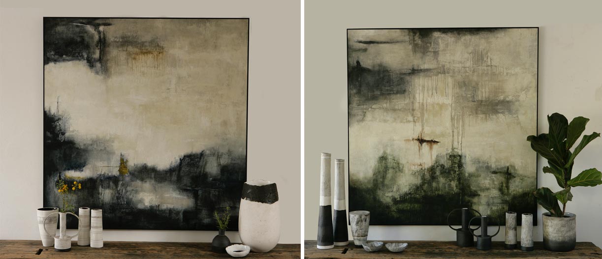Two Helen Vaughan artworks styled with her handmade ceramics. Helen Vaughan ceramics and artworks are available at Sarza home décor Store in Rye, New York.