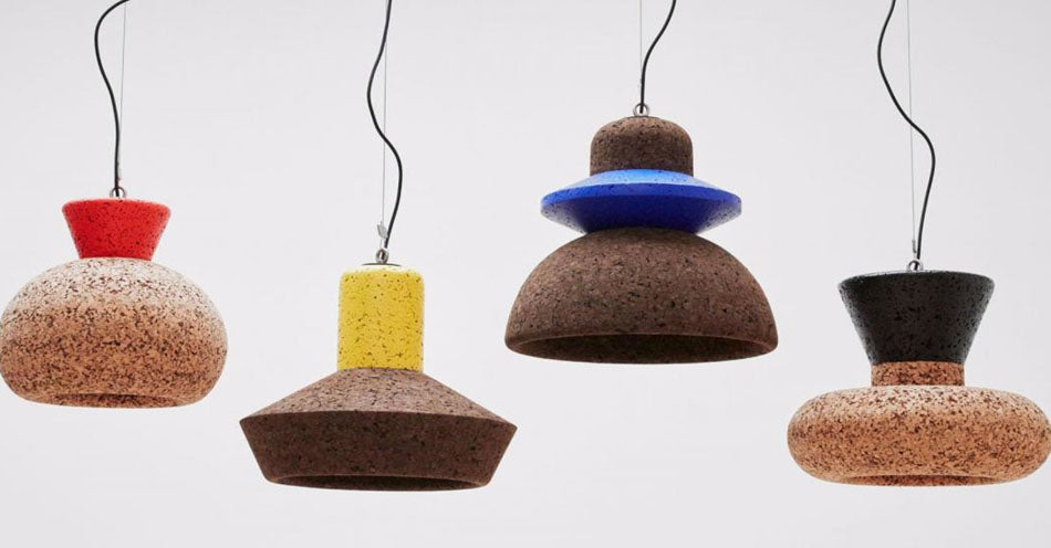 Wiid Design cork lighting pendants, available at Sarza home goods and furniture store in Rye New York. 