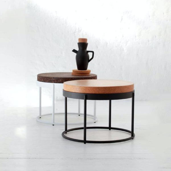 Image of Wiid Design cork tables and bar stools. Wiid Design furniture and home décor pieces are available at Sarza home goods and furniture store in Rye New York. 