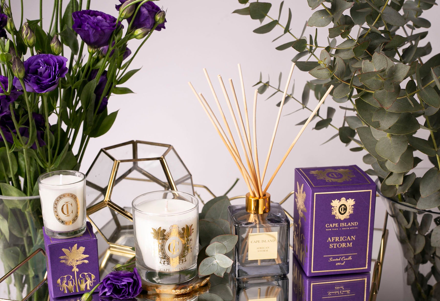 The Cape Island African Storm fragrance diffuser and candle. Cape Island luxury candles, soap products and home fragrances are available at Sarza home goods and furniture store in Rye New York.