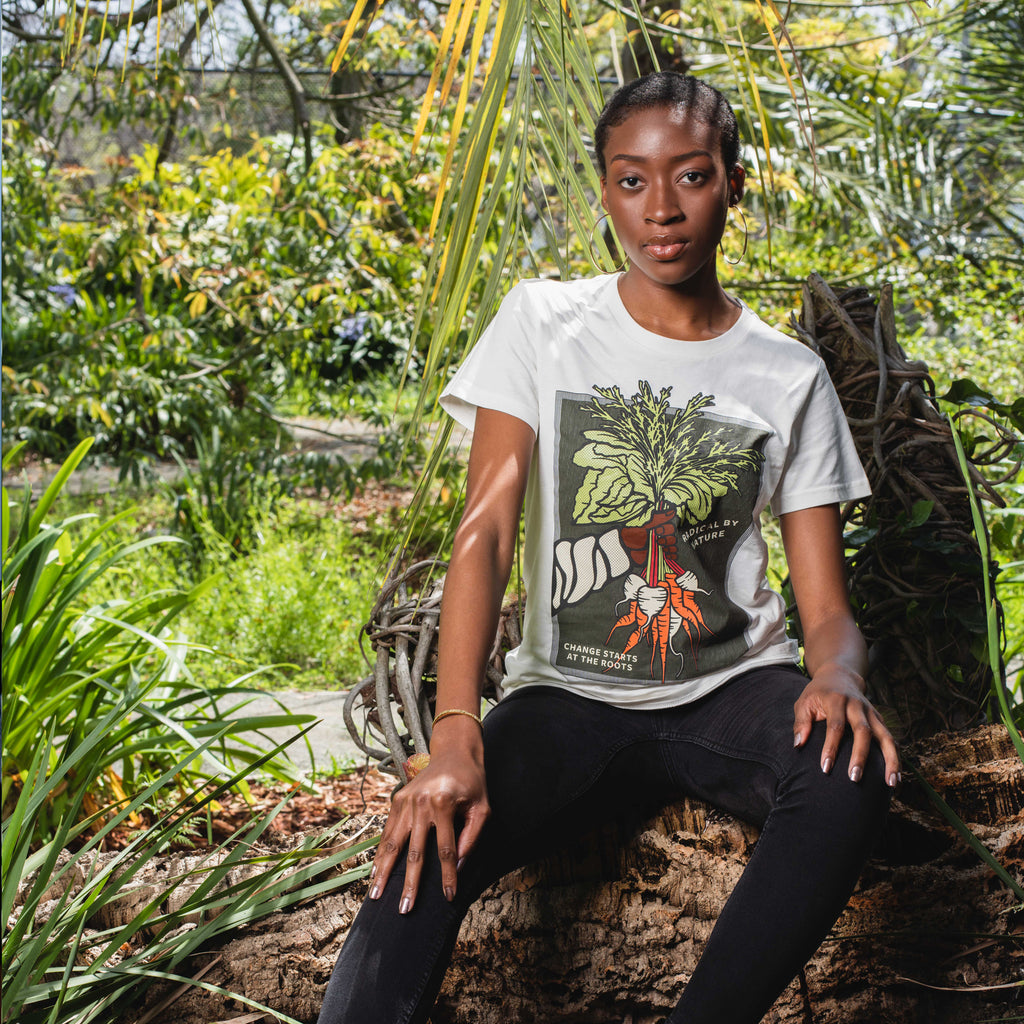 model with black jeans wearing radical by nature tee