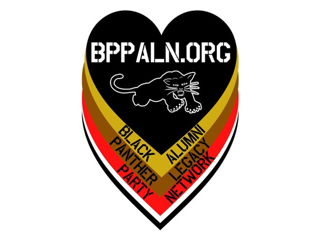 Black Panther Party Alumni Legacy Network Logo with text and hearts