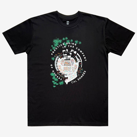 Black T-shirt with aerial view of Bruns Memorial Amphitheater in Oakland.