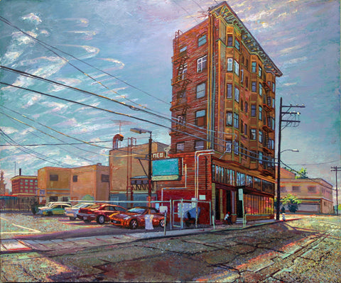 Painting of a building on the corner and small parking lot.