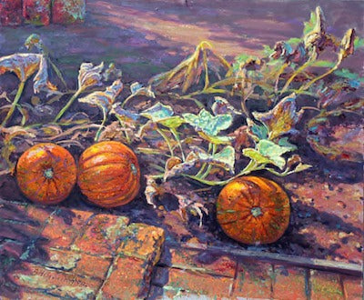 Painting of pumpkins and vines.
