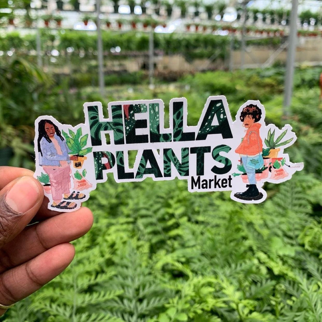 hand holding hella plants market sticker in front of background of plants