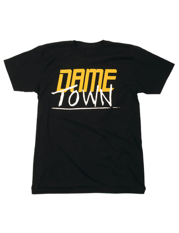 Text on black tee: Dame Town.
