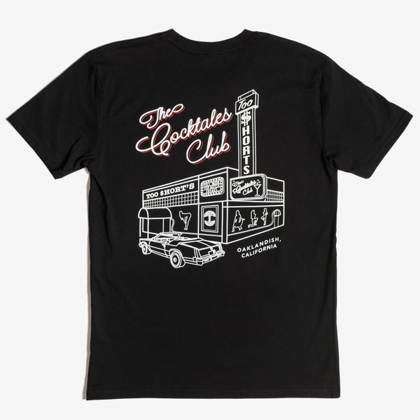 Flat lay of Too Short's Cocktales Club, Oakland, CA black tee.