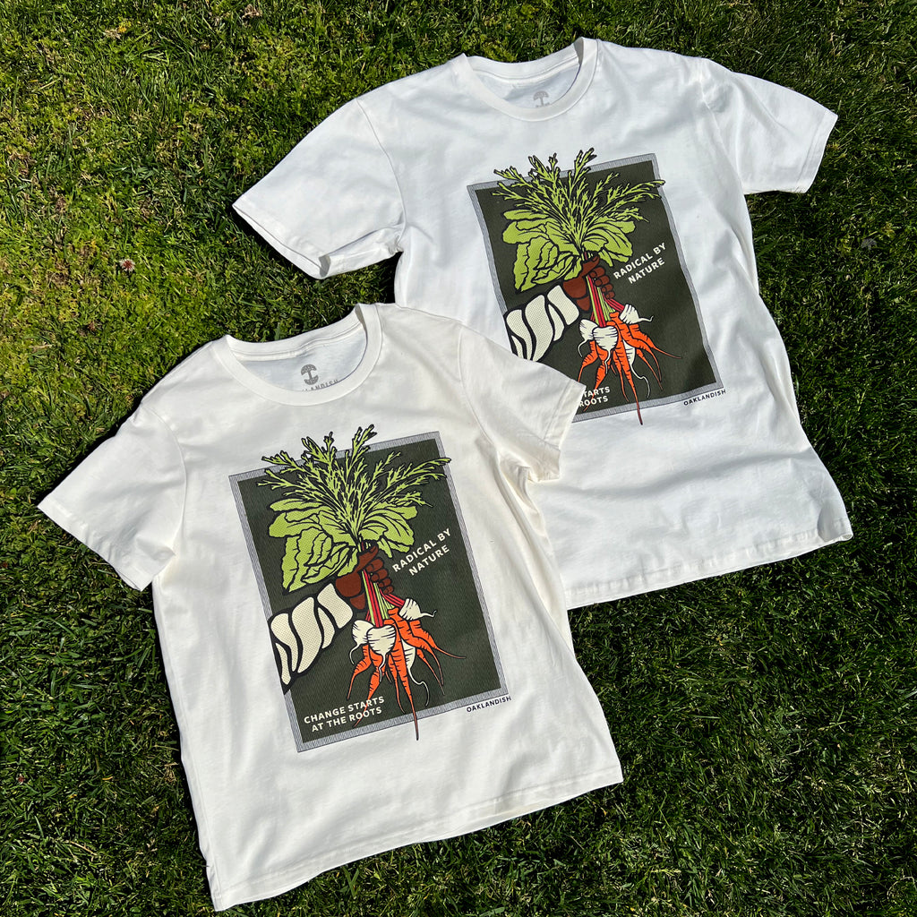 radical by nature men's and women's tees on grass