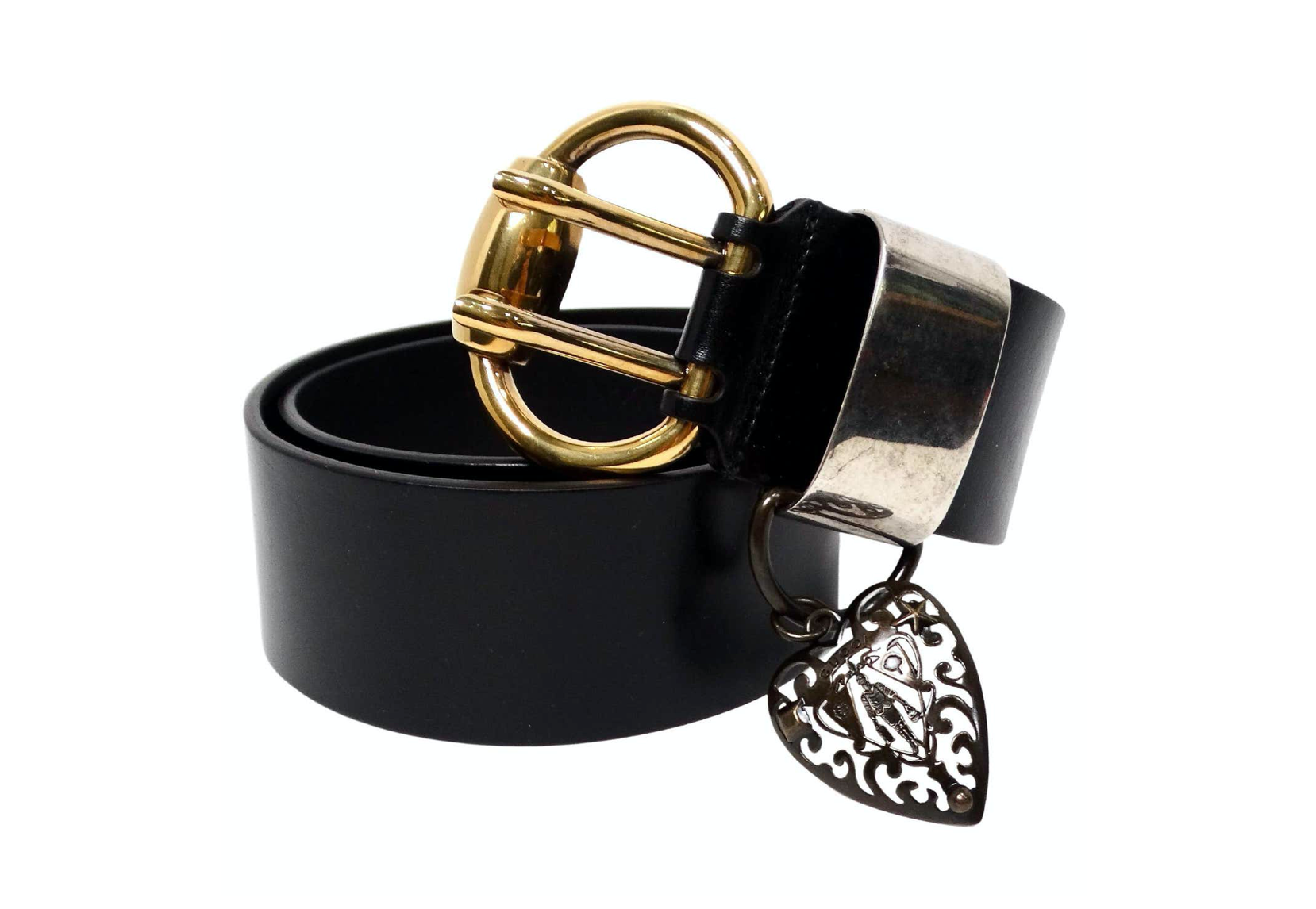 image of Gucci Hysteria Heart Charm Black Calfskin Leather Belt