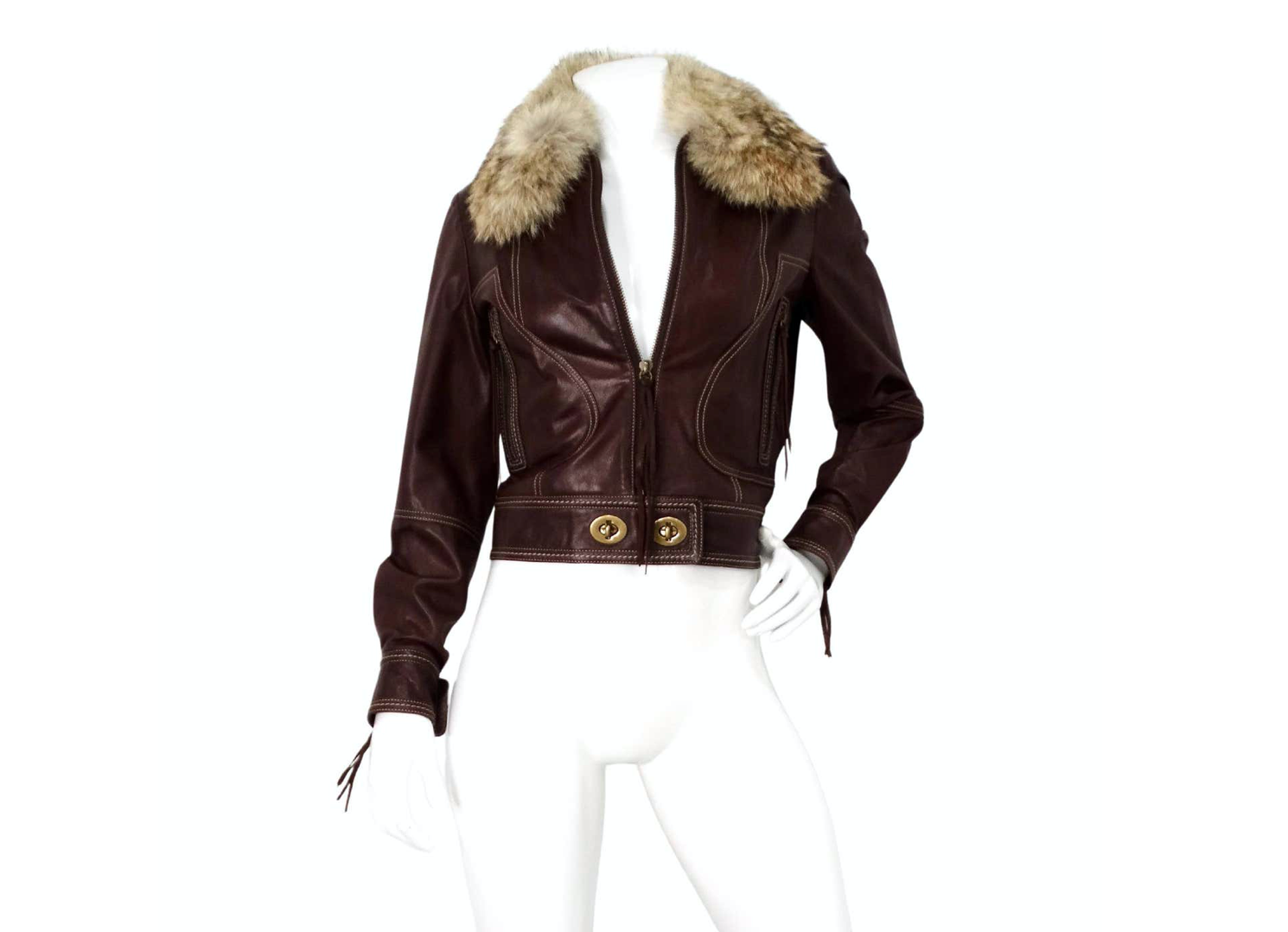 image of Circa 2006 Coach Brown Lambskin Leather & Coyote Fur Motorcycle Jacket