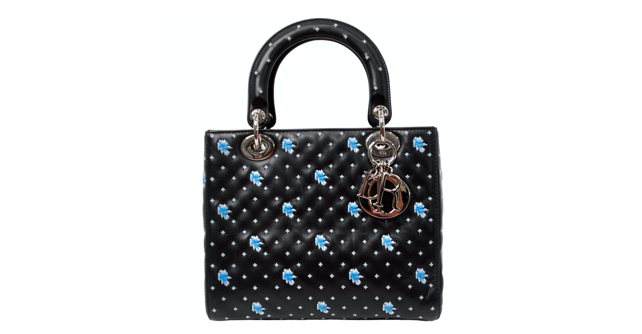image of Christian Dior Black Calfskin Embroidered Flower Lady Dior Handbag circa 2015