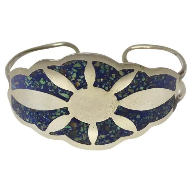 image of 1980s Silver and Turquoise Inlay Sun Motif Cuff Bracelet