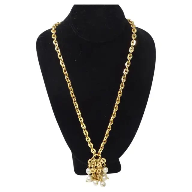 image of 1980s Gold Plated Faux Pearl Tassel Necklace