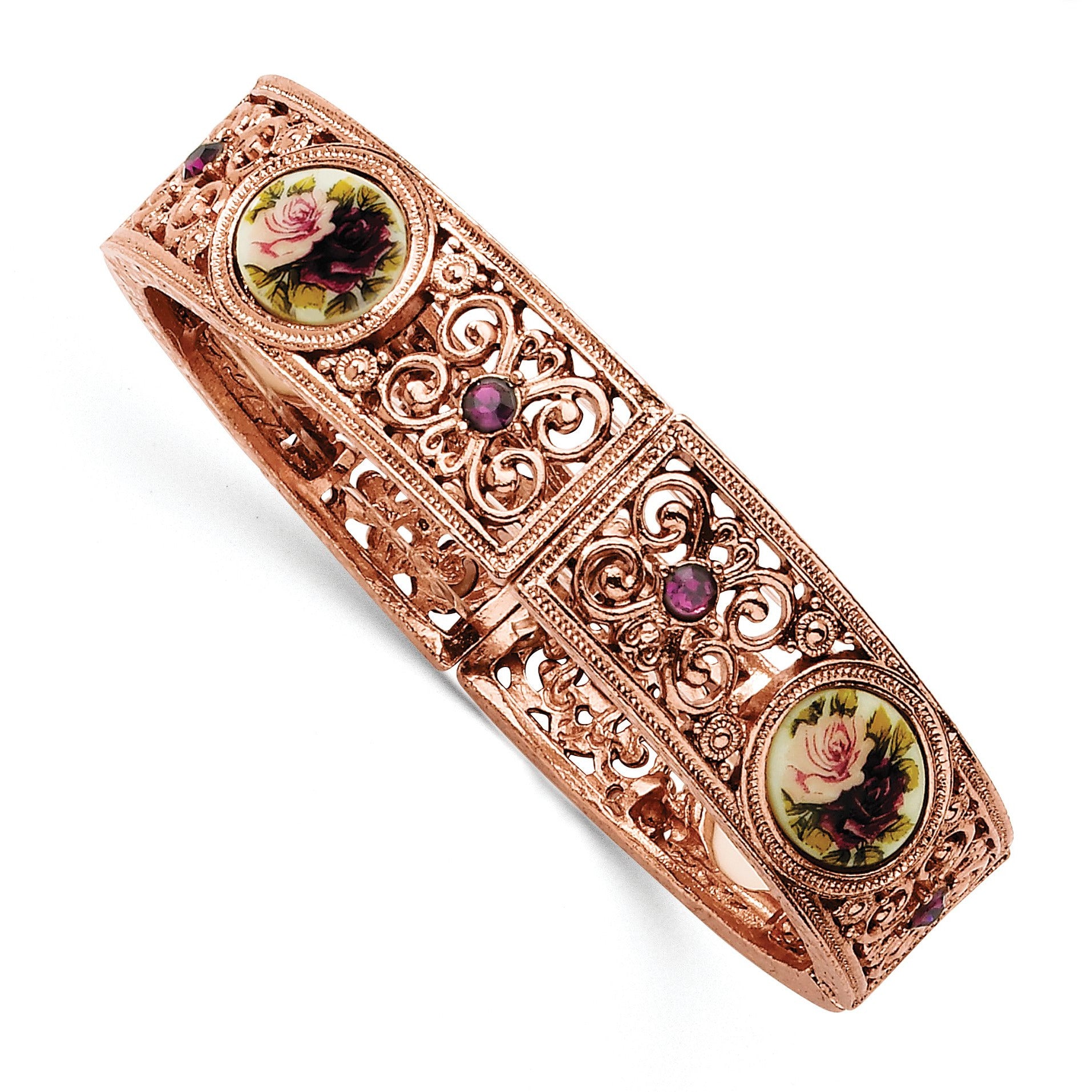 Rose-tone Purple Crystal & Floral Decal Stretch Bracelet BF1