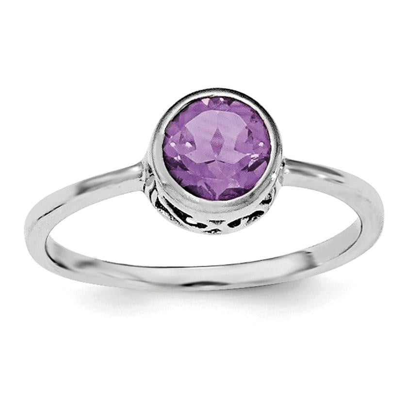 Sterling Silver Rhodium-plated Polished Amethyst Round Ring