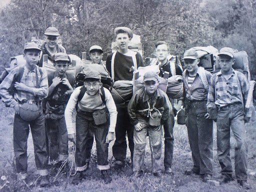 Alan in the middle of his Boy Scout troop heading off on a three day wilderness expedition.  C. 1949, Preston Idaho.