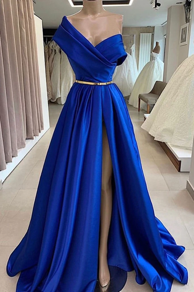 One Shoulder Royal Blue Satin Long Prom Dresses With Side Leg Slit , R