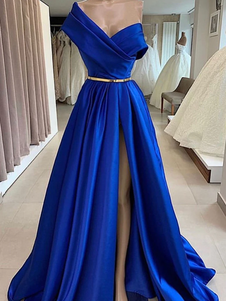 One Shoulder Royal Blue Satin Long Prom Dresses With Side Leg Slit R Morievent