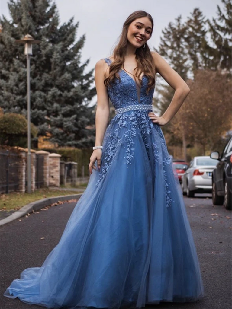 V Neck Blue Lace Tulle Long Prom Dresses, V Neck Blue Lace Tulle Long ...