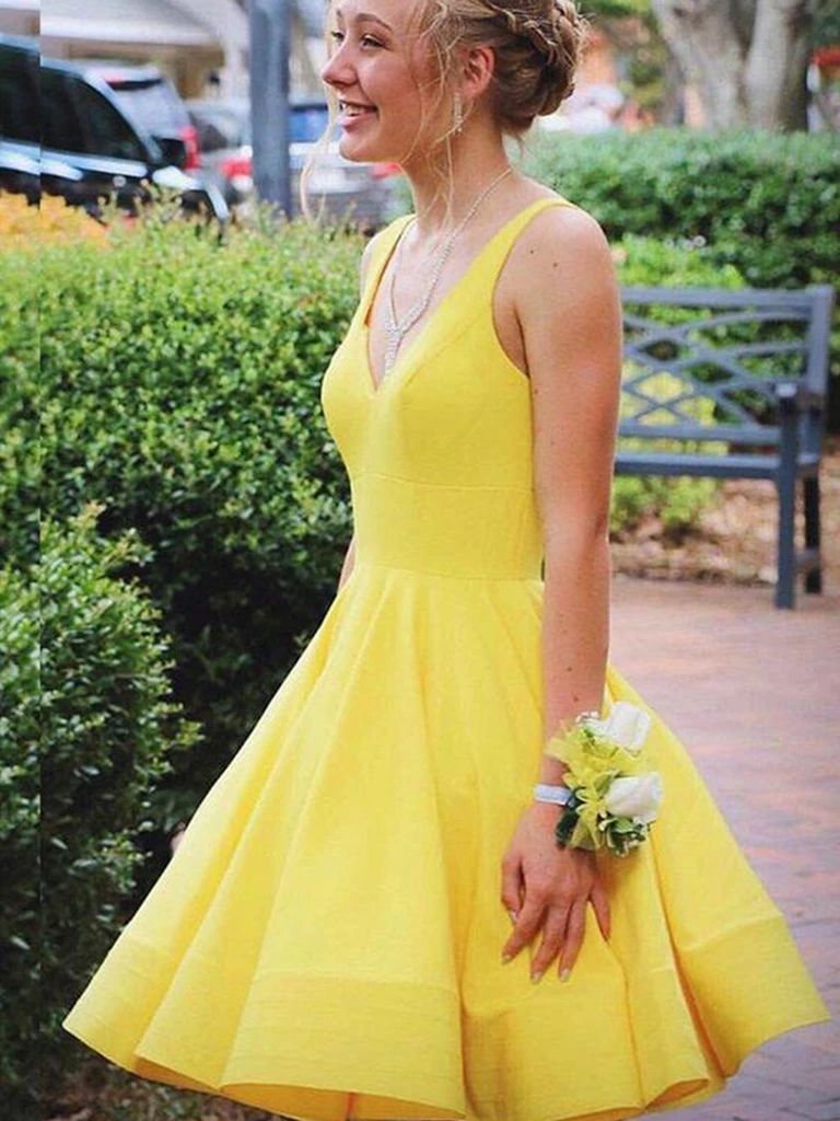 A Line V Neck Yellow Satin Short Prom Dresses Yellow Satin Short Form