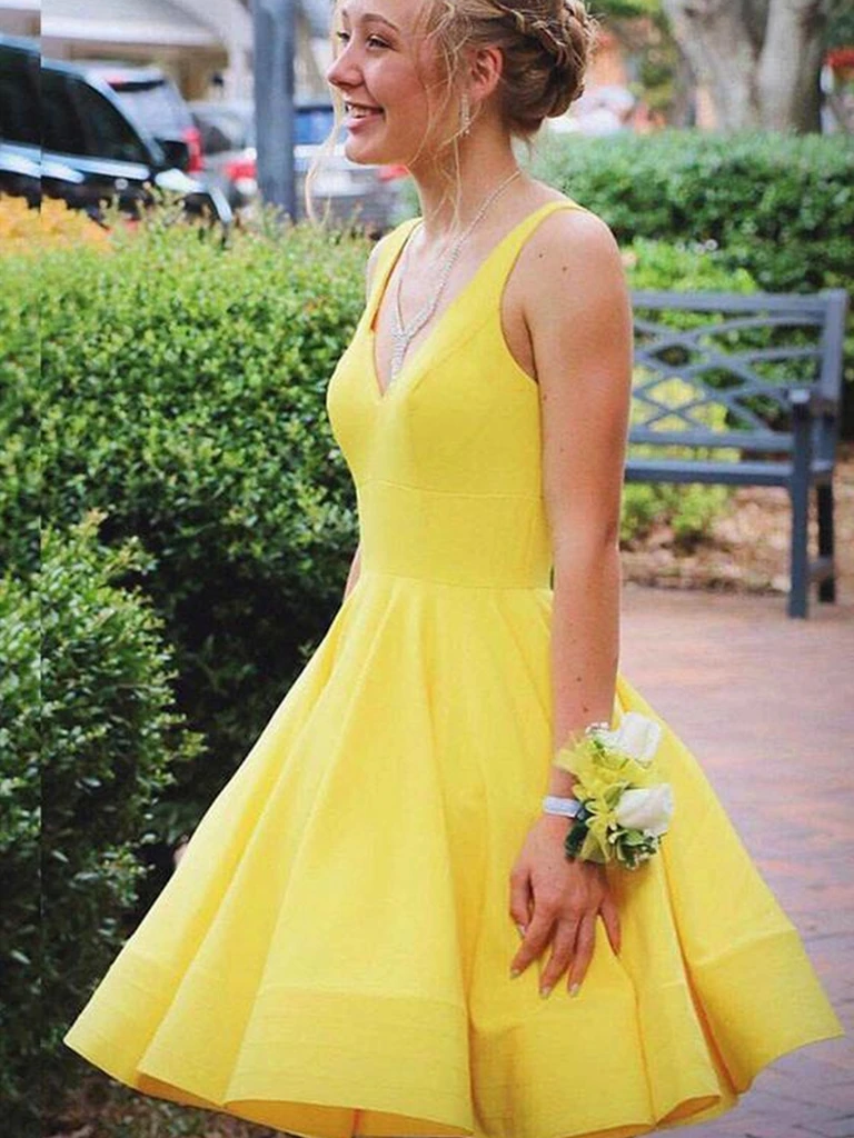 short yellow satin dress