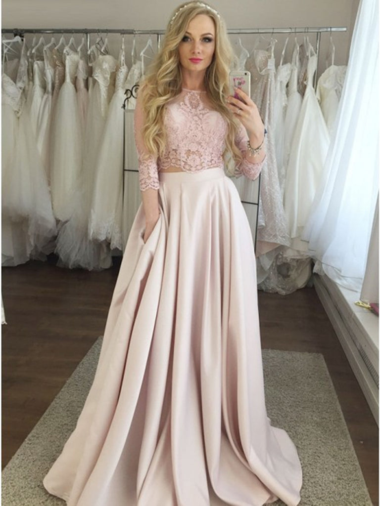 two piece pink prom dress