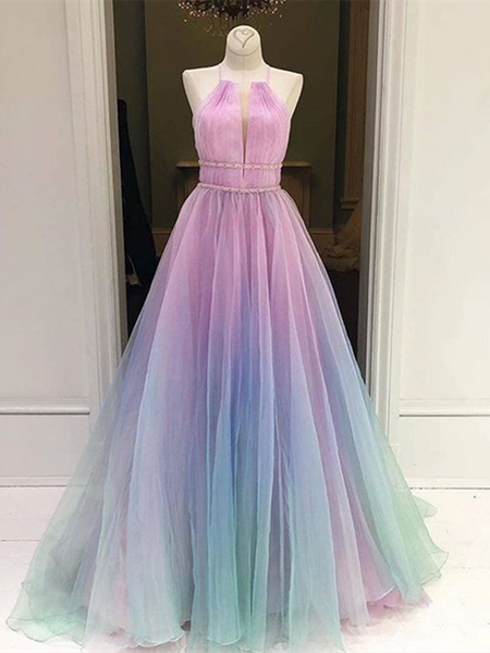 Ombre Spaghetti Straps Sleeveless Tulle Long Prom Dresses, Halter Neck ...