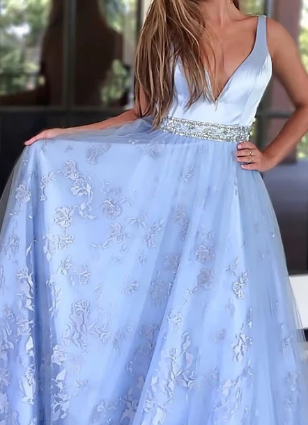 A Line Blue V Neck Lace Beaded Long Prom Dresses, Blue V Neck Lace Bea ...