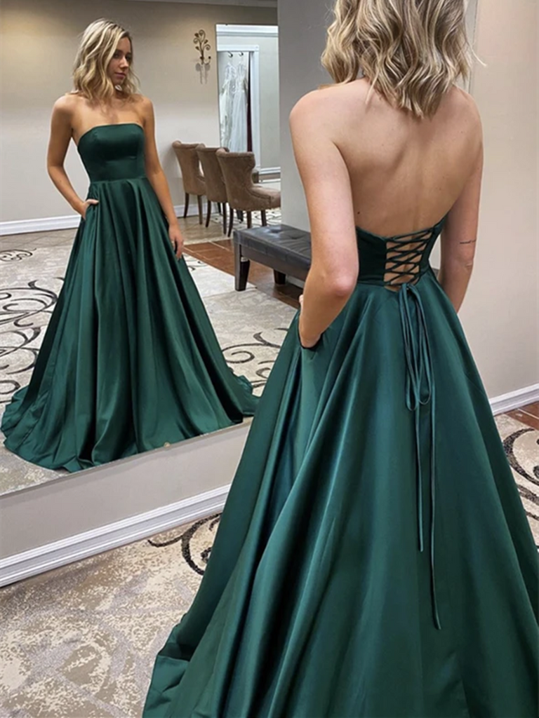 A Line Strapless Green Satin Long Prom Dresses, Simple Green Formal Ev