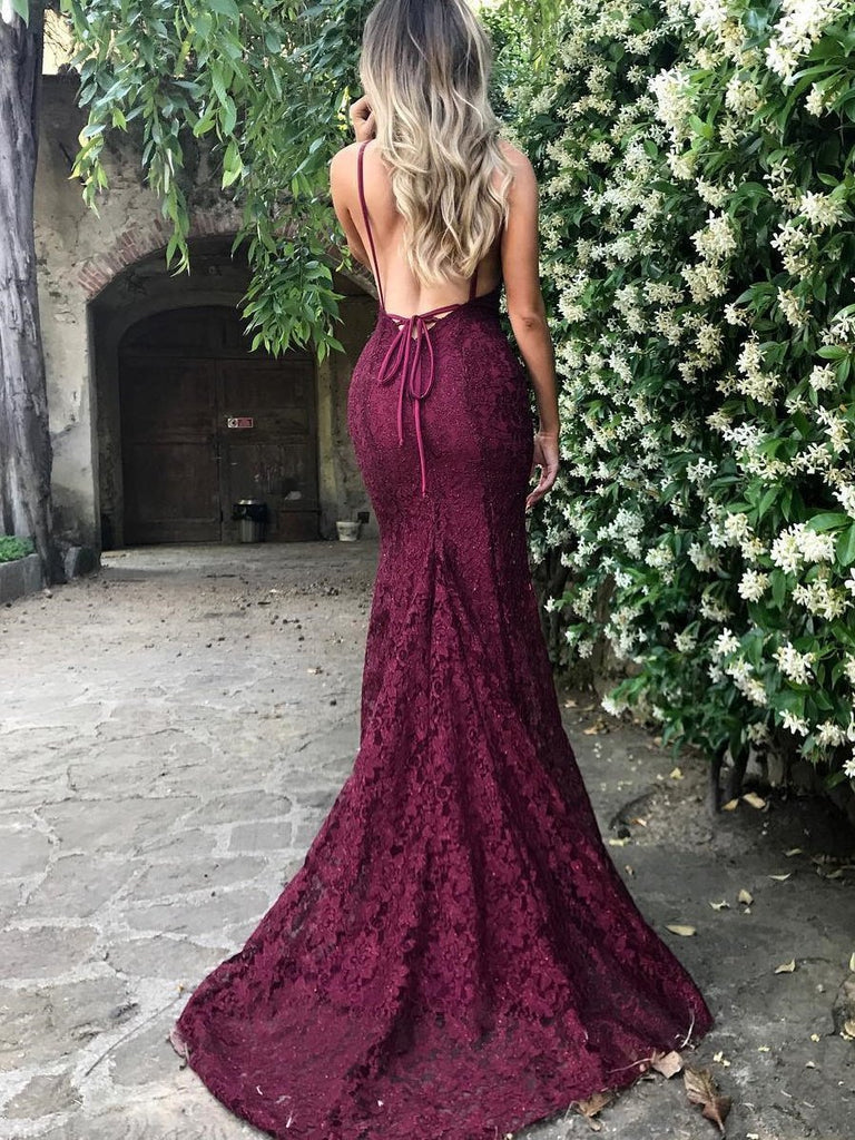 maroon lace prom dress