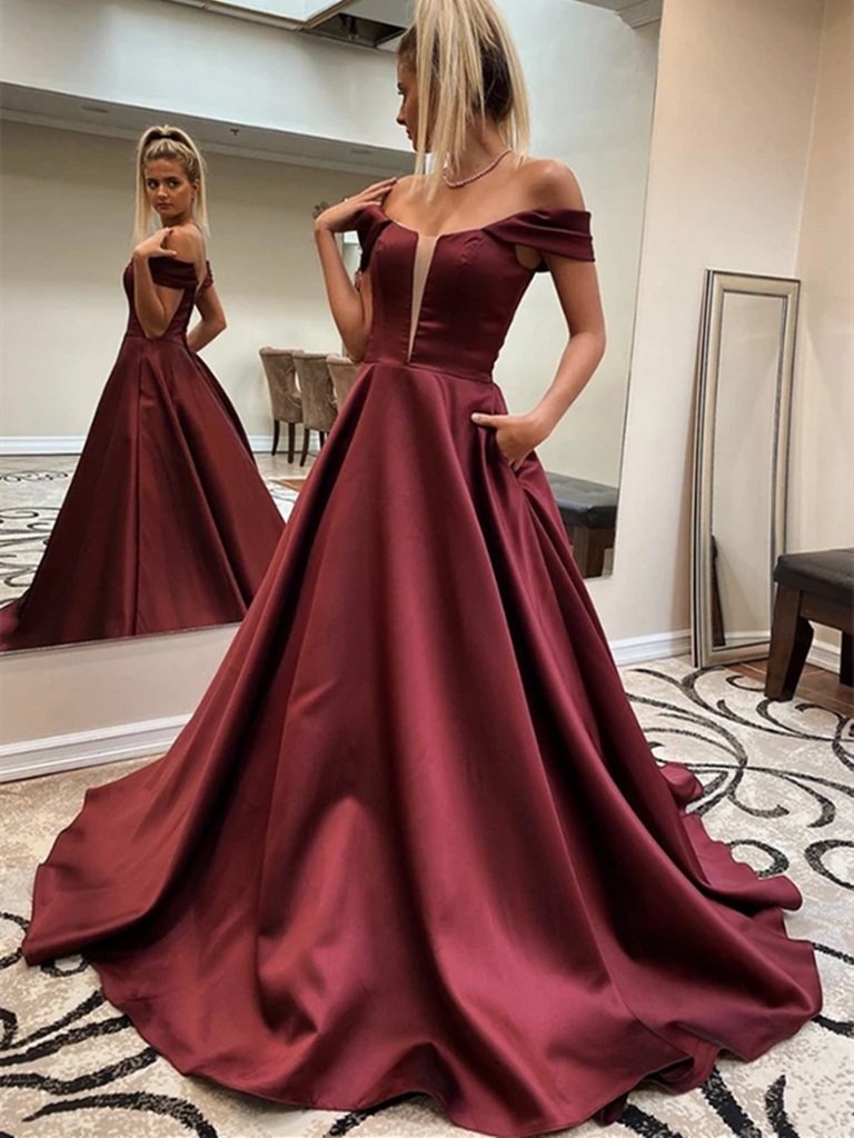 Burgundy Off Shoulder Satin Long Prom Dresses Burgundy Off The Should Morievent 2433