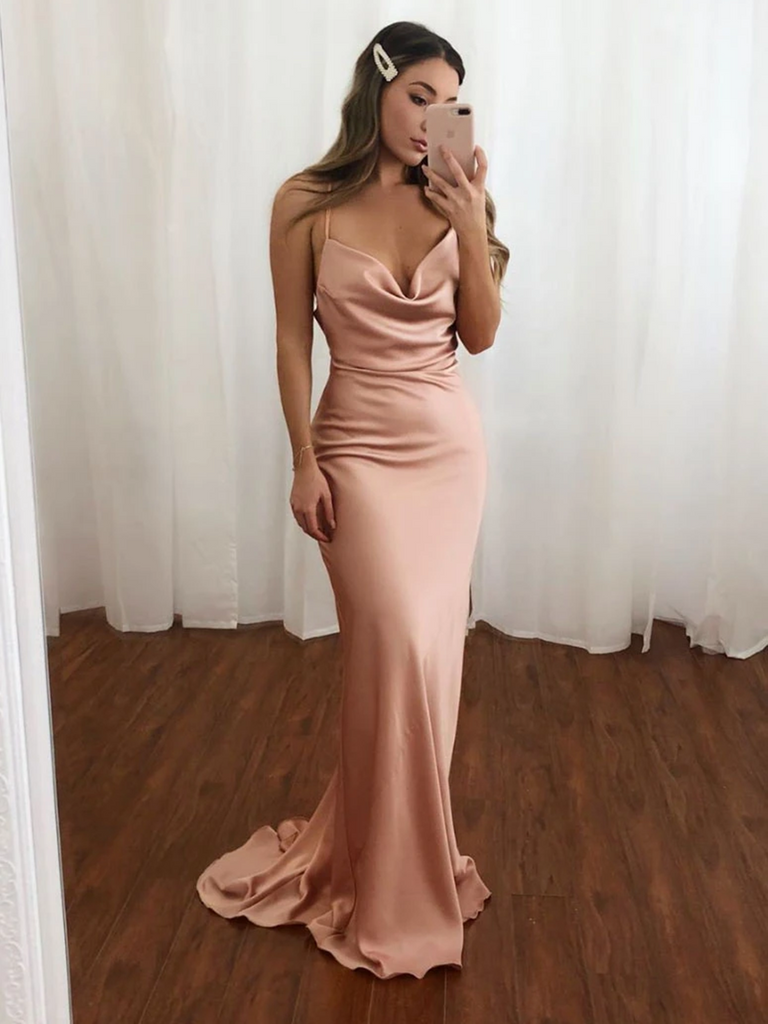 spaghetti strap long prom dress