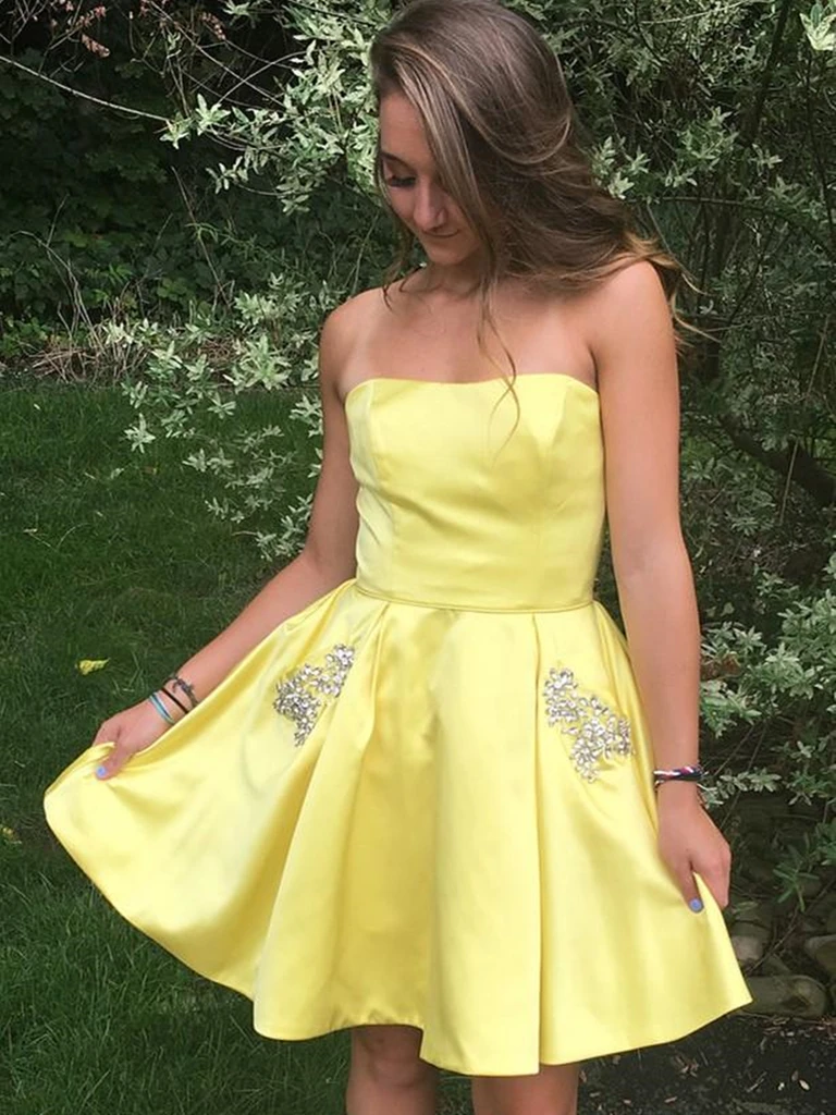 strapless yellow prom dress