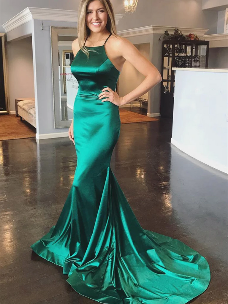 Elegant Green Mermaid Backless Satin Long Prom Dresses with Sweep Trai