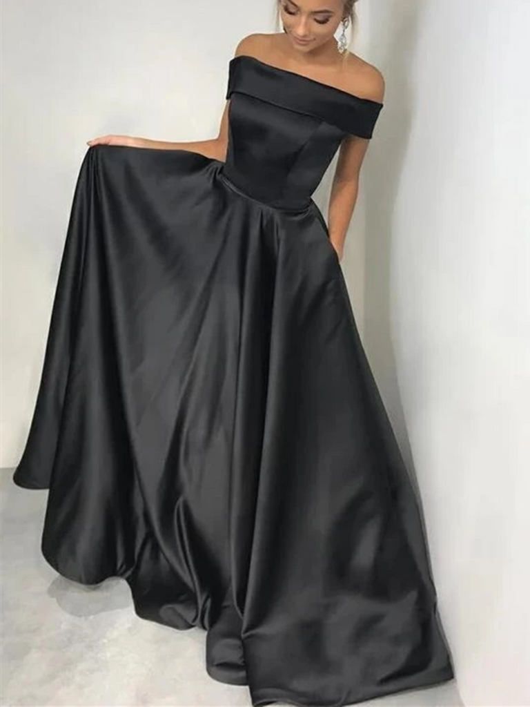 black satin off the shoulder dress