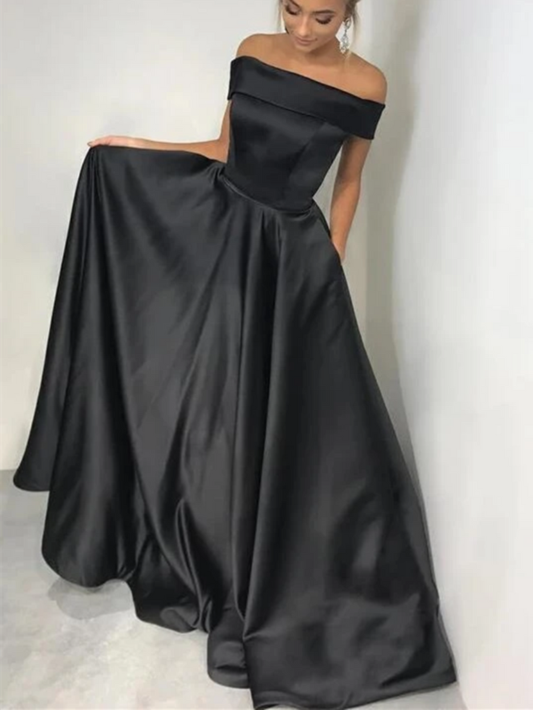 black satin off shoulder dress