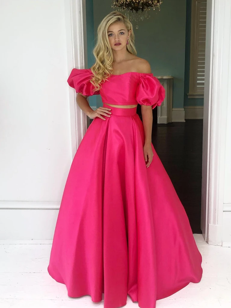 Off Shoulder Two Pieces Hot Pink Long Prom Dresses Off The Shoulder H Morievent 