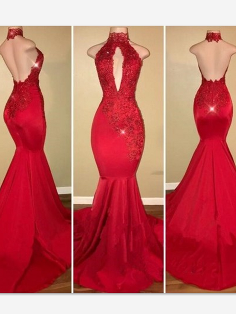 Red Mermaid Prom Dresses Party Gowns Lace Formal Dress