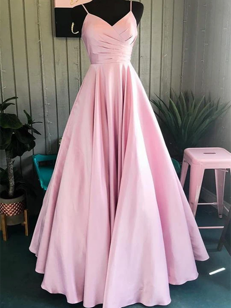 A Line Spaghetti Straps Pink Satin Long Prom Dresses, Pleated V Neck P ...