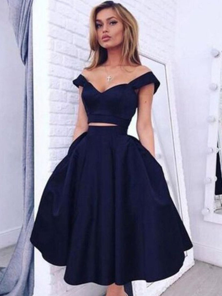 off the shoulder navy prom dress